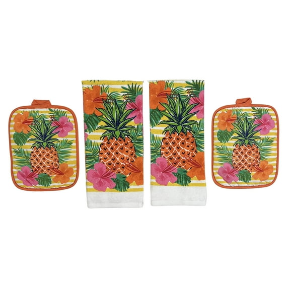 Serafina Home Pineapple Kitchen Set Of 4, Two Potholders And Two Ovenmitts