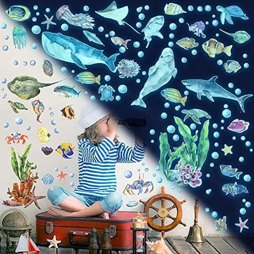 Glow in The Dark Ocean Fish Wall Decals,Under The Sea Wall Stickers Decals Decor Luminous Sea Life Animals Waterproof Stick Wall Decal for Kids Boys Bedroom Watercolor Creatures Decor (Ocean)