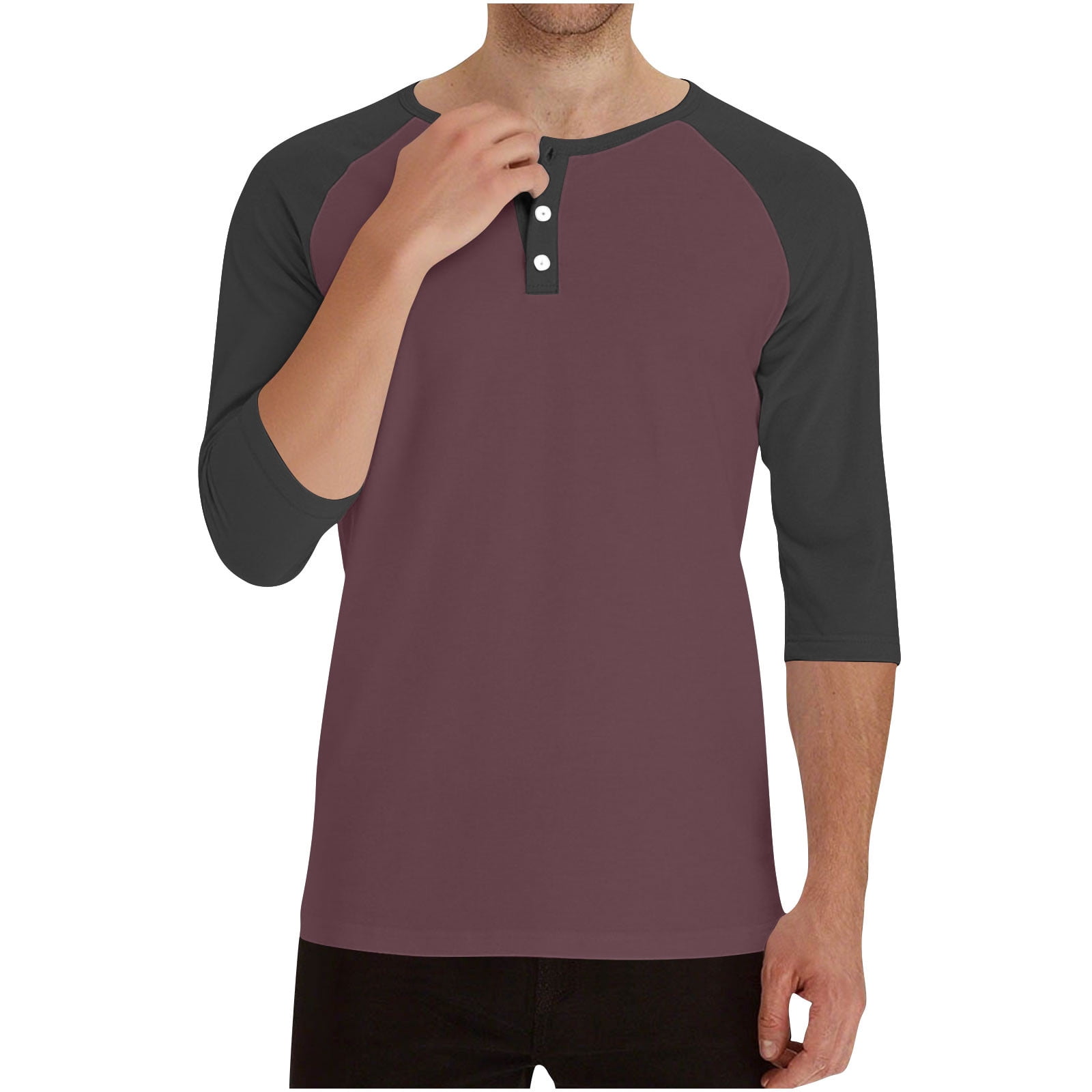 RYRJJ Henley Shirts for Men Raglan 3/4 Sleeve Baseball T-Shirts Color Block Summer Casual Cotton Sport Athletic Tee Tops(Wine,XL)