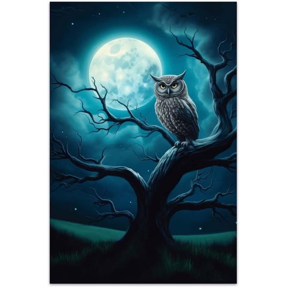 Unframed Canvas Wall Art For Bedroom Office Wall Decor, 12x8in Owl Moon Night Wall Decorations For Living Room Painting Pictures Artwork For Modern Posters Prints Home Decor