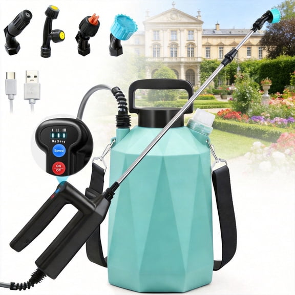 SYLMAX Battery Powered Sprayer, 1.35 Gallon Electric Garden Sprayer with 3 Adjustable Pressures & 4 Nozzles, Battery Indicator Rechargeable Handle & Telescopic Wand for Lawn and Plant Care