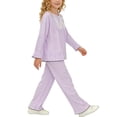thumbnail image 3 of FRSASU Girls Summer 2 Piece Outfits Long Sleeve Loose Lace Blouse and Long Pants Matching Sets for 3-15 Years Purple, 3 of 8