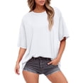 thumbnail image 3 of bbyeadc Women's Summer Tops 2025 Short Sleeve Shirts Dressy Casual Crew Neck Tshirts Fashion | White, XL, 3 of 5