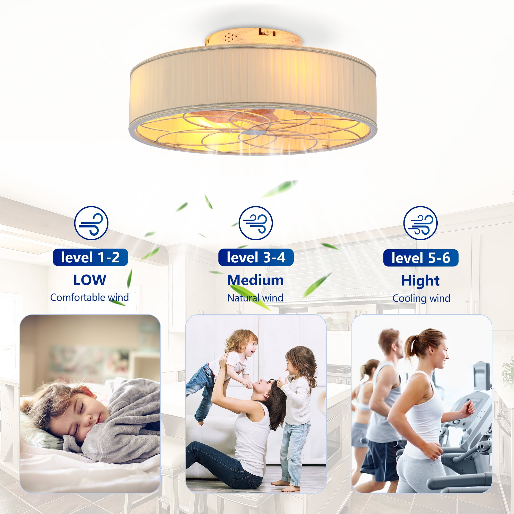 Leumius 20" Fabric Farmhouse Ceiling Fan with Light and Remote Control,Low Profile Modern Enclosed Ceiling Fans with Reversible Motor for Living Room,Bedroom,Kitchen White (NOT Included Bulbs)