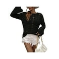thumbnail image 4 of Qmyliery Women Trendy Hollow-Out Tops, Crochet Solid Color Crew Neck Long Sleeve Knitted Tops with Flare Cuffs for Ladies, S/M/L/XL, 4 of 9