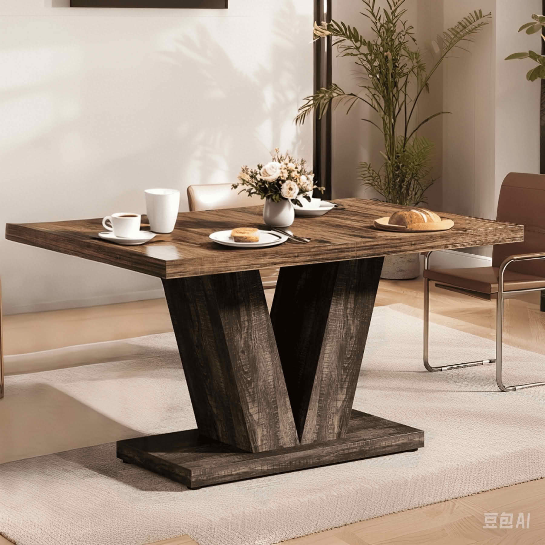 MAYEERTY 47 Inch Farmhouse Black Brown Dining Table, Heavy Duty Pedestal Kitchen Table Seats 4-6 for Home Café