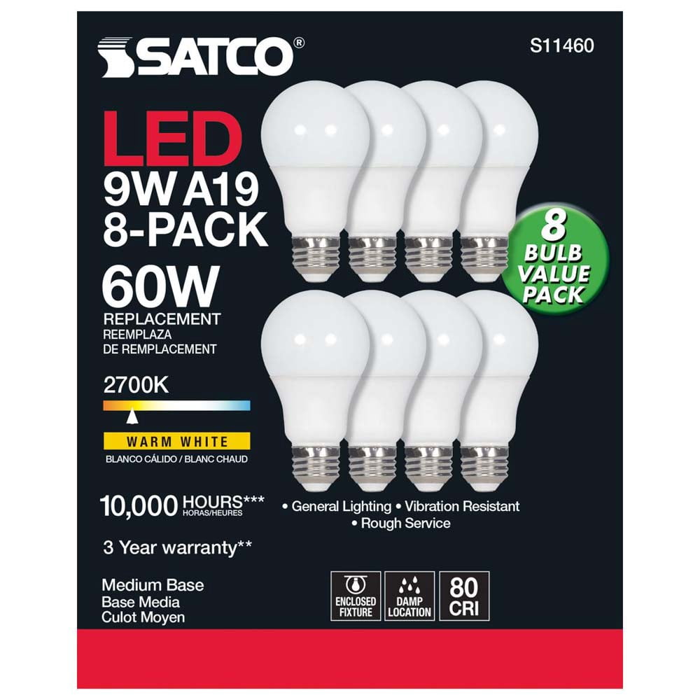 8Pk - 9W A19 LED 2700K Non-Dimmable E26 Medium base 120v - 60w equiv