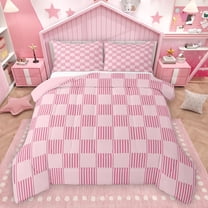 Homewish Cartoon Square Adult Bedding Comforter Set, Stripes Abstract Ombre Twin Comforter Sets, Pink Buffalo Plaid Reversible Bedding Set, Lightweight Room Decor, 2 Pieces