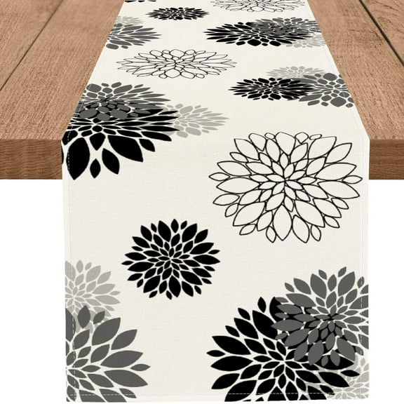 Blue Gray Table Runner Dahlia Pinnata Flower Beige Table Runners Modern Elegant Pompon Farmhouse Geometric Table Center Decor for Home Dining Party Entrance (13x72 Inch)