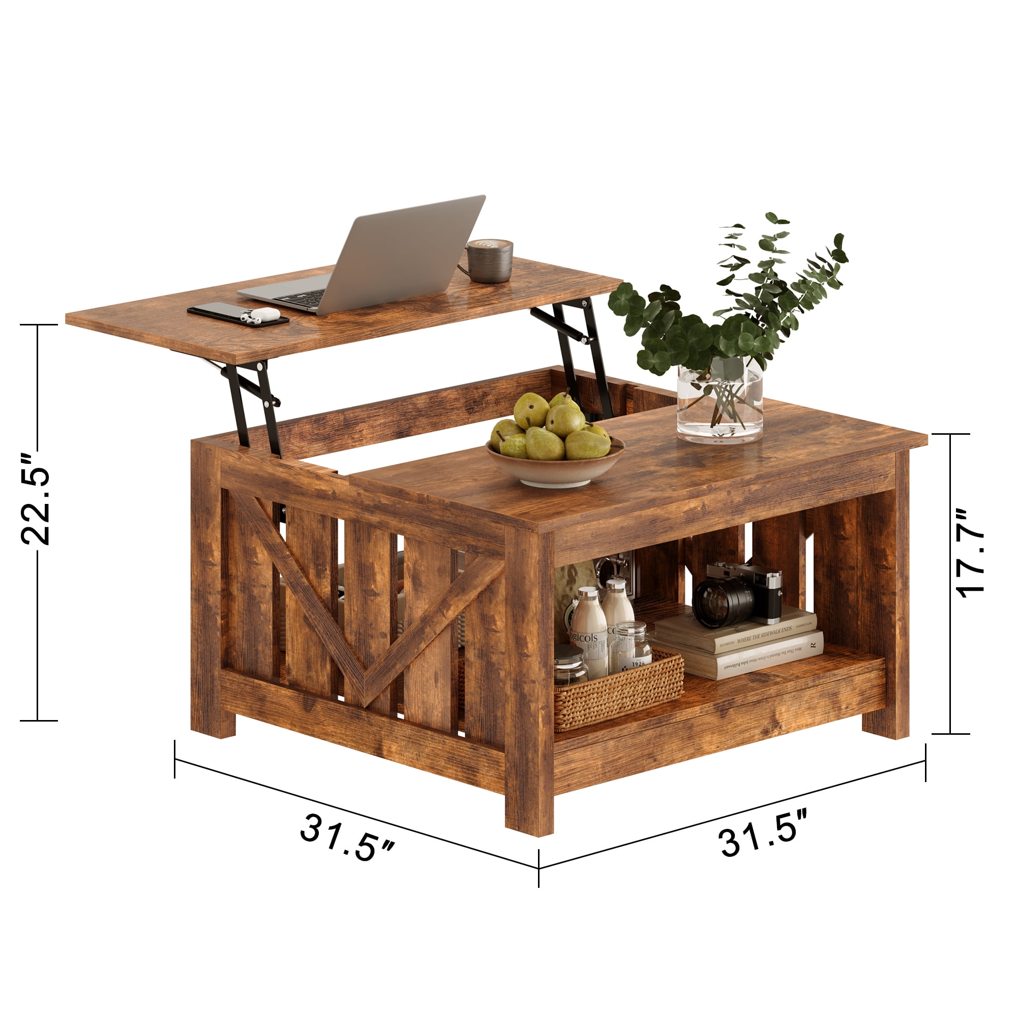 GUNAITO Lift Top Coffee Table with Storage Cabinet and 2 Compartments for Living Room, brown, 31.5''Hx31.5''W in