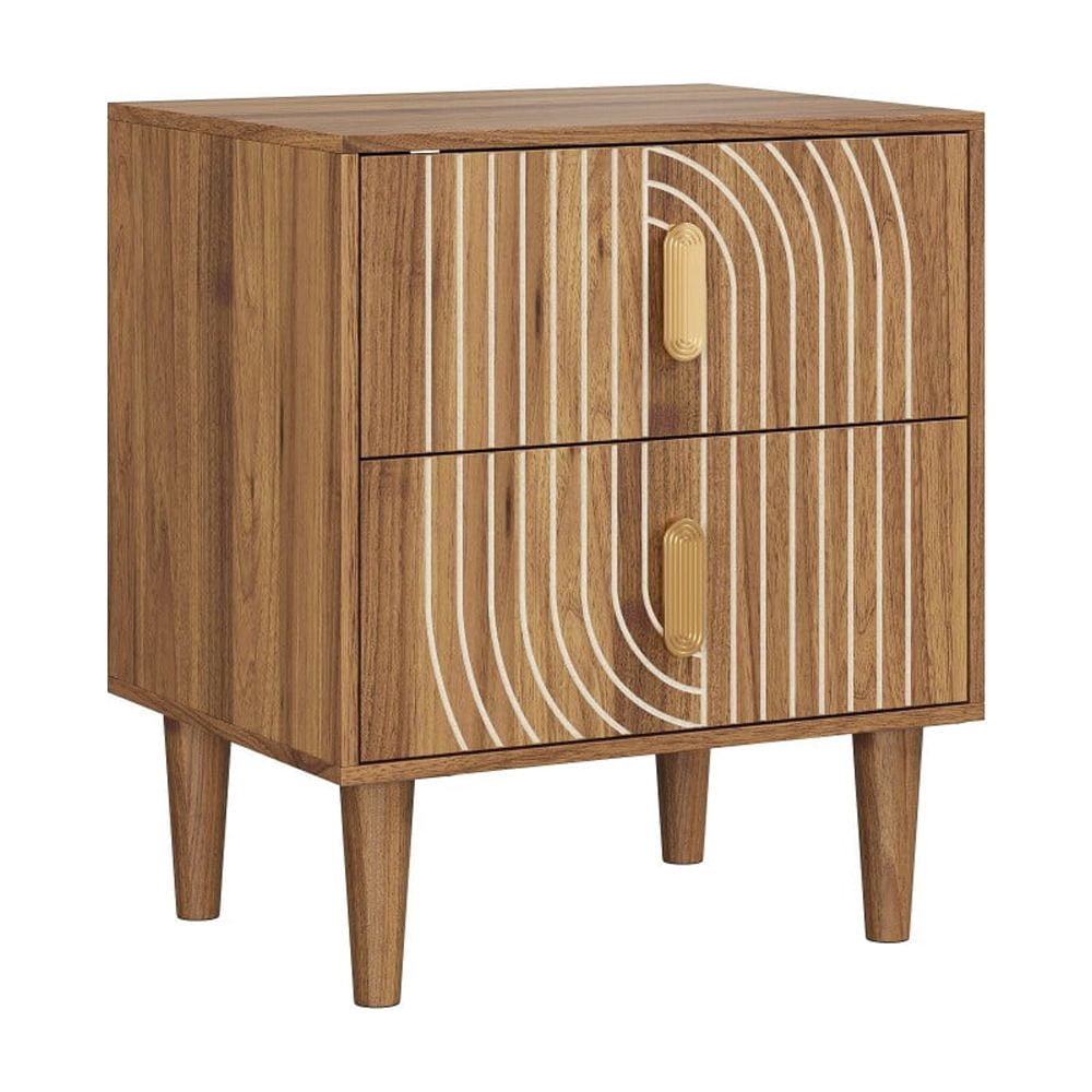 Brown Nightstand with 2 Drawers, Mid-Century Modern Bedside Table with Arched Vertical Grooves, Solid Wood Legs, Compact Storage Cabinet