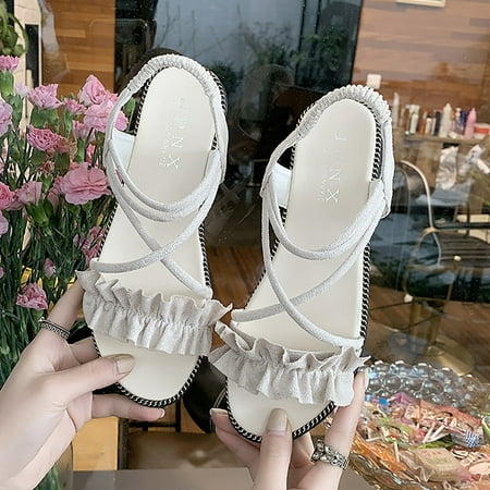 

Follure Sandals For Women Casual Bohemian Sandals Beach Shoes Flats Frilled Sandals