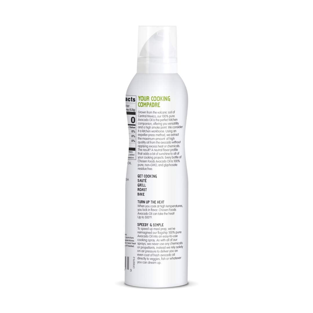 Chosen Foods 100% Pure Avocado Oil Spray 4.7 oz. (2 Pack), Non-GMO, 500°F Smoke Point, Propellant-Free, Air Pressure Only for High-Heat Cooking, Baking and Frying