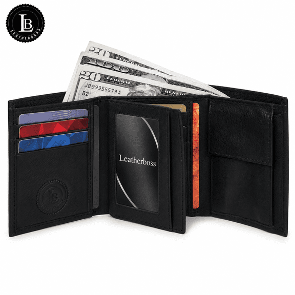 Boys Mens Slim Compact middle Flap Clear Id Credit Cards Coin Pocket Trifold Wallet Genuine Leather