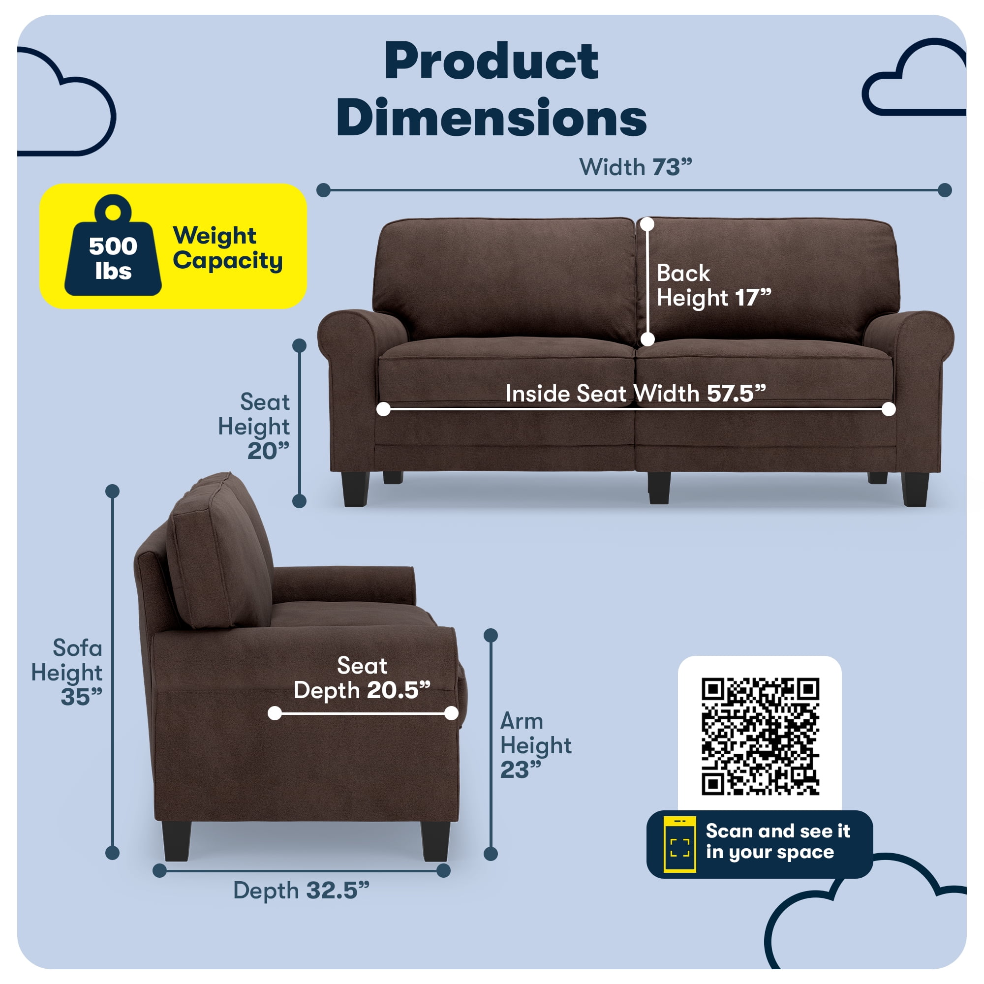 Serta Copenhagen 73" Rolled Arm Sofa with Removable Covers Dark Brown
