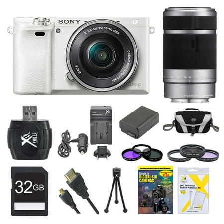 Sony a6000 ILCE6000LW ILCE-6000L/W ILCE6000 Alpha a6000 24.3 Interchangeable Lens Camera with 16-50mm Power Zoom Lens BUNDLE with SEL 55-210 (White), Sony 32GB Class 10 Card, Spare Battery, Deluxe Di