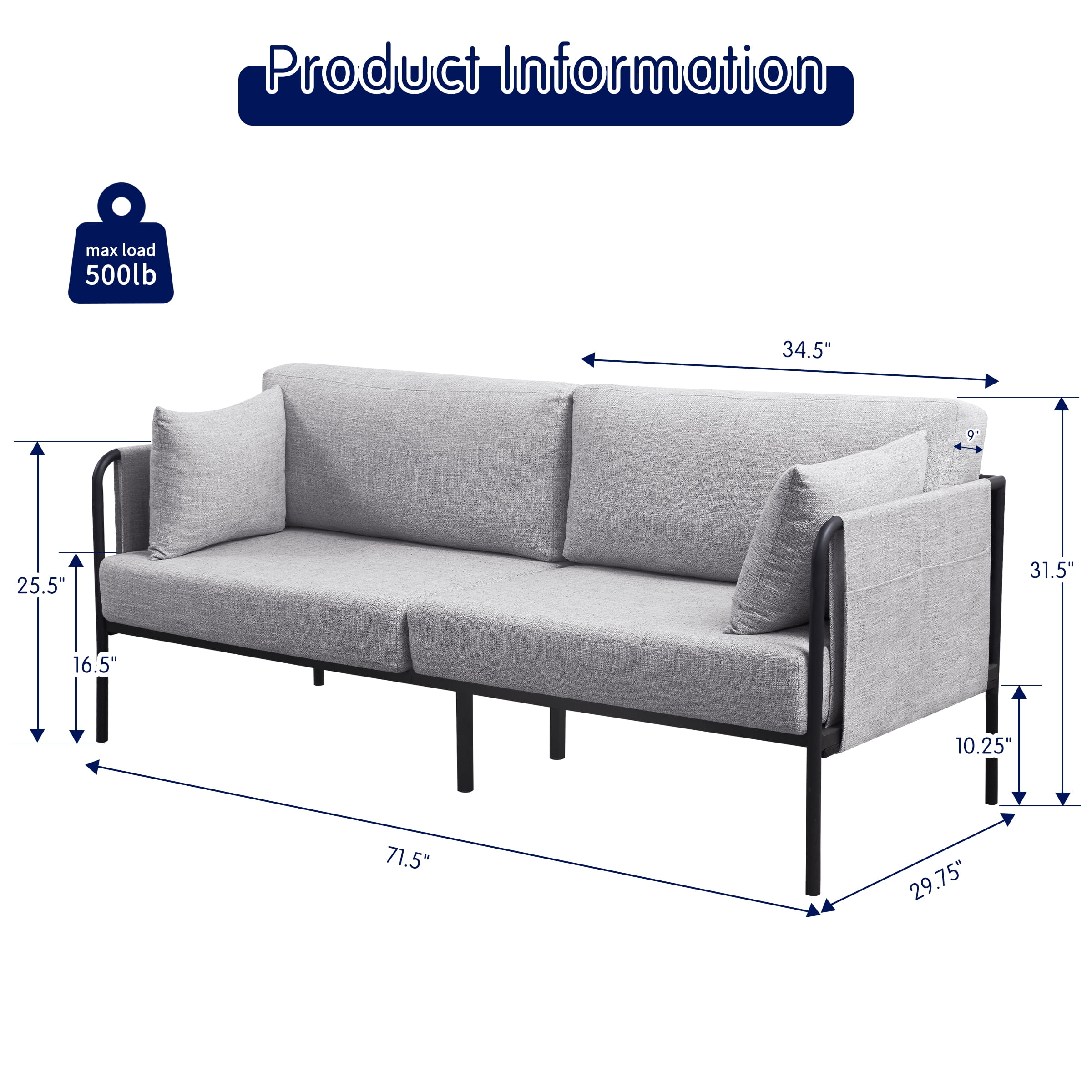 Subrtex Sofa Modern Upholstered Linen Fabric Couch with Metal Arm, Gray