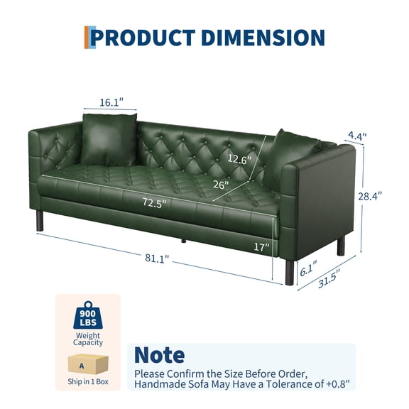81" Button-Tufted PU Leather Chesterfield Sofa - 3-Seater Deep Seat Couch with Wooden Frame for Home Apartment