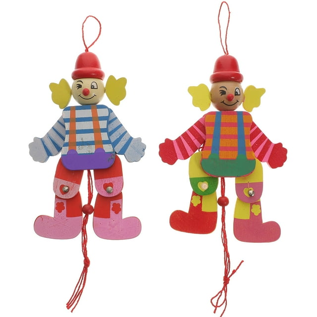 OULII 2Pcs Wooden Marionette Puppets with Strings Clown Design Creativity Exercise for Children