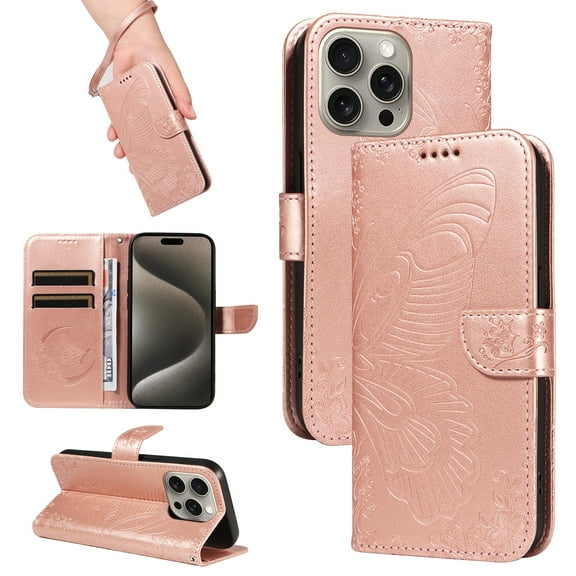 for iPhone 16 Pro Case Wallet for Women, Flip Folio Cover with Butterfly Pattern PU Leather Stand Card Holder Slots Wrist Strap Protective Phone Case for iPhone 16 Pro, Rosegold