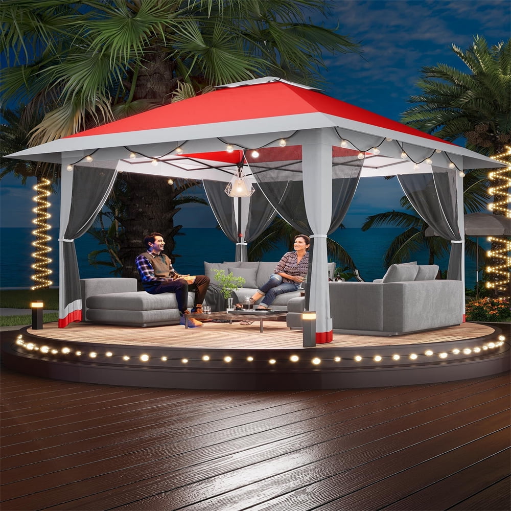 13x13Pop-Up-Gazebo Outdoor Canopy Tent with Mosquito Netting, [Adjustable Height & Spacious] Pop Up Tent with Double Roof, UV-Resistant Outdoor Gazebo for Backyard, Patio, Lawn, Garden, Deck