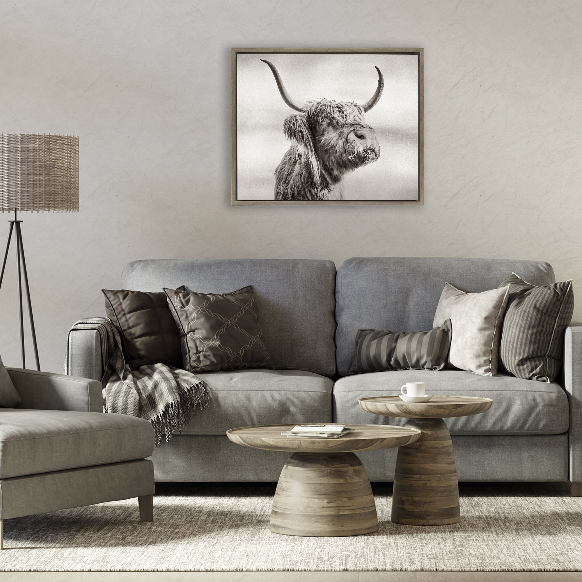 Stupell Industries Horned Highland Cow Gazing Brown Framed Floater Canvas Wall Art, design by Julia Frost