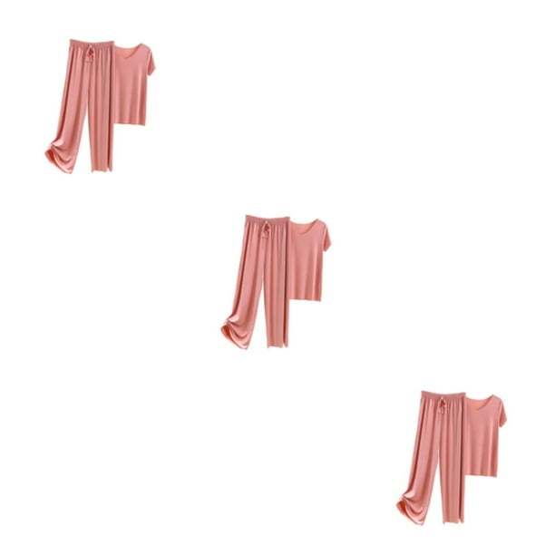 Qarigey Women Ice Silk Pajama Set Soft Pieces Loungewear Loose Pants Waist Cotton T-Shirt Two Comfortable Elastic V-neck Type1 NO1