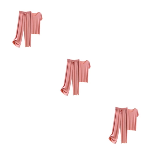 Sonducket Women Ice Silk Pajama Set Soft Two Comfortable Waist T-Shirt Cotton Loungewear Pieces Elastic Pants Loose V-neck Type1 NO1