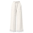 thumbnail image 4 of Women's Lightweight Lace Hem Beach Pants Ruffle Elastic Waist Wide Leg Palazzo Pants Textured Summer Pockets Casual Pants Fashion Bottoms White, 4 of 7