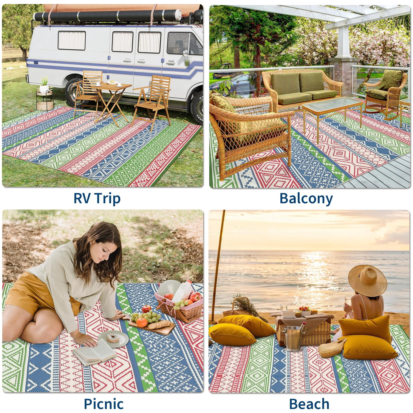 Reversible Outdoor Rugs 5x8 for Patios Clearance, Waterproof Mats for Porch, Deck, Plastic Straw Area Rugs for Backyard, Balcony,Red/Green/Blue