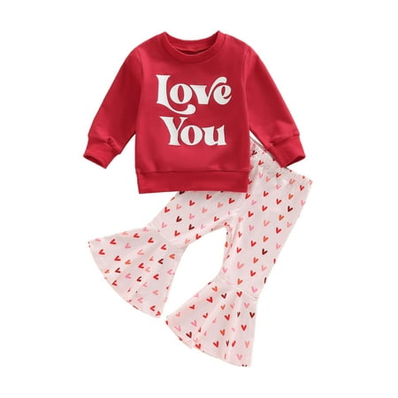 

YYDGH Baby Girl Bell Bottoms Valentine s Day Clothes Set Mean It Love You Letters Printed Long Sleeve Sweashirt Tops + Heart Flared Pants(Red 3-4Years)