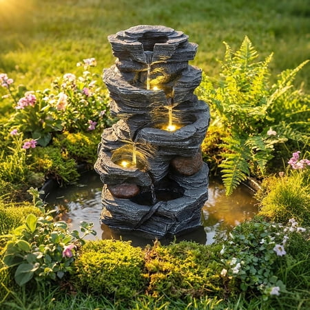 Neatifyes 5-Tier Water Fountain Outdoor, 18 Inch Cascading Stacked Stone Waterfall Fountain with Lights & Pump, Outside Zen Water Feature for Patio, Balcony, Deck, Garden, Yard Decor