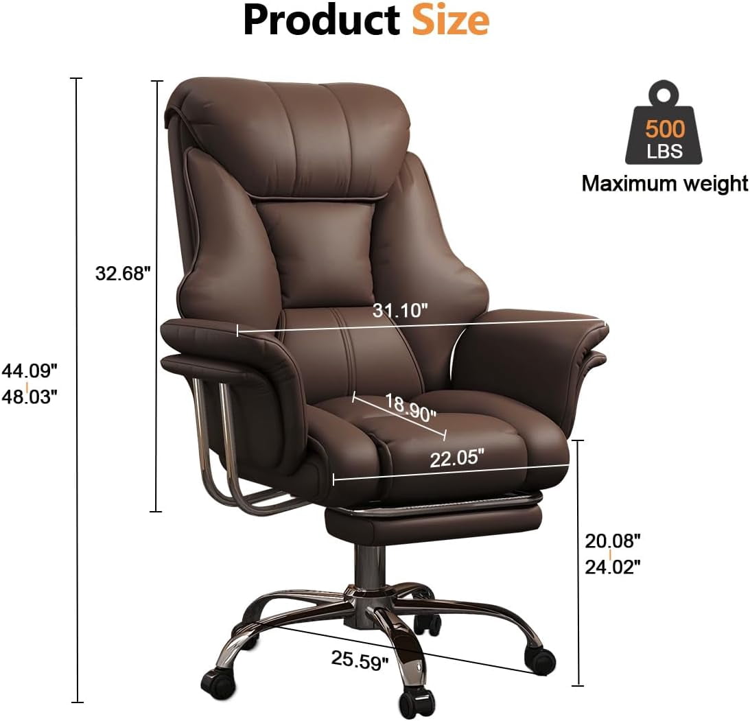 XUEGW Heavy-Duty 550 lbs Big and Tall Office Chair, Wide Seat Leather Ergonomic Executive Desk Chair with Leg Rest, Adjustable Height Computer Gaming Chair, Brown