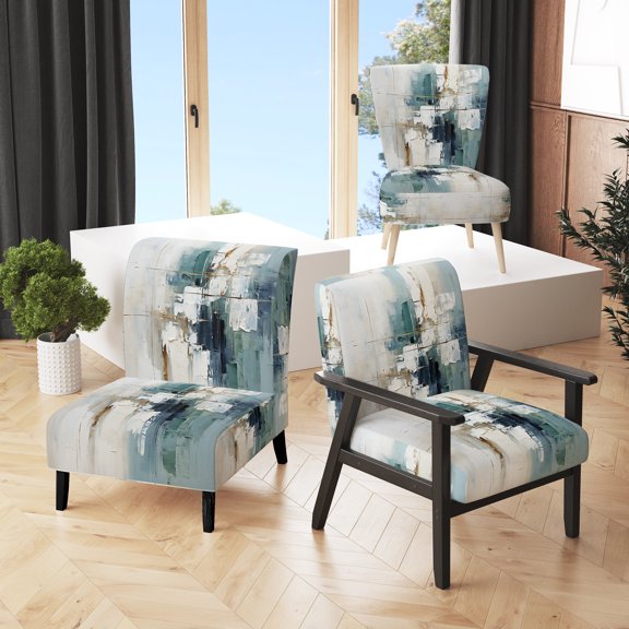 Designart "Serenity in Subtlety I" Teal Abstract Collages Upholstered Accent Chair - Modern Arm Chair For Living Room