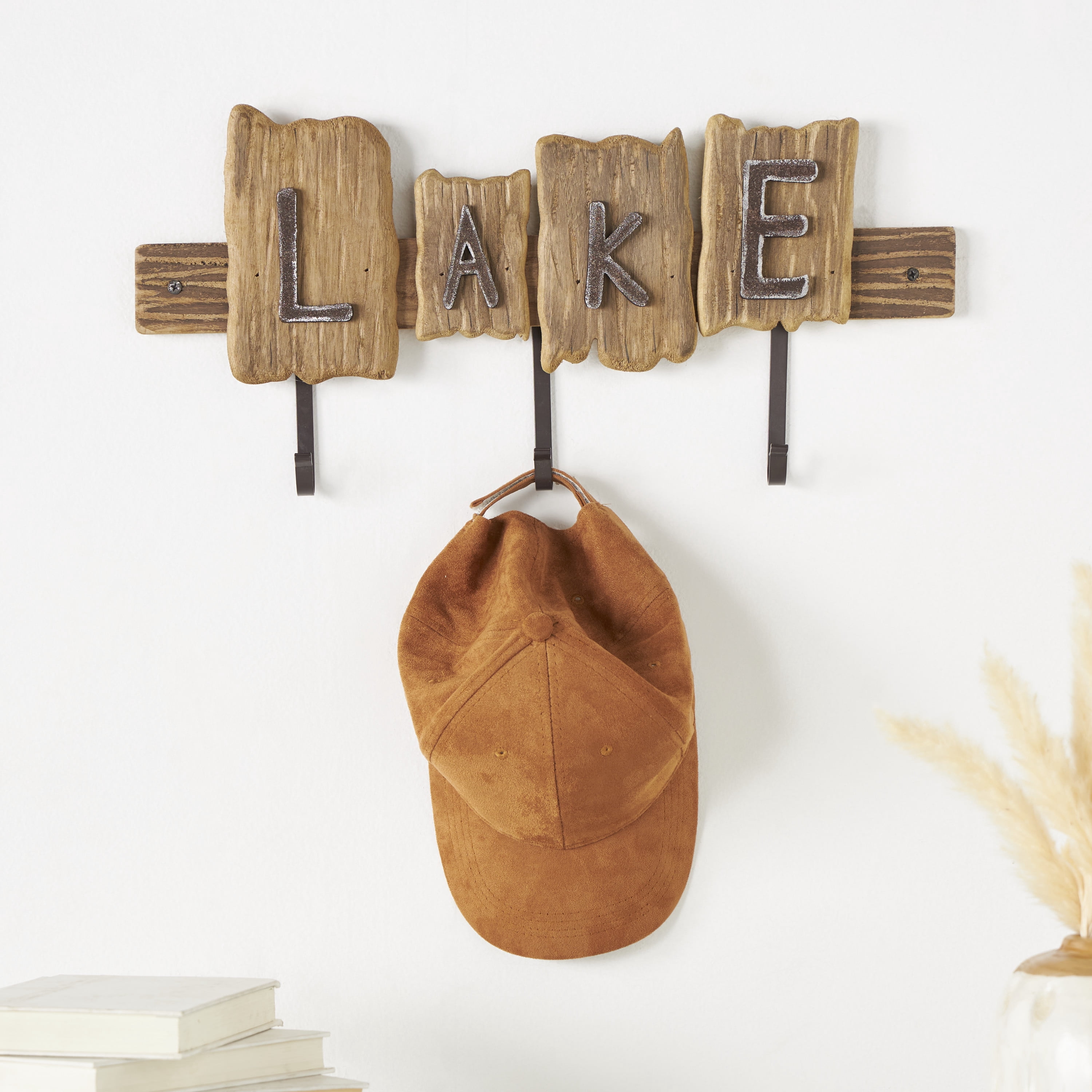 DecMode 19" x 2" Brown Wood Handmade Live Edge Lake Sign 3 Hanger Wall Hook with Metal Accents, 1-Piece