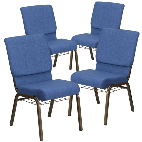 BizChair 4 Pk. 18.5''W Church Chair in Blue Fabric with Cup Book Rack - Gold Vein Frame