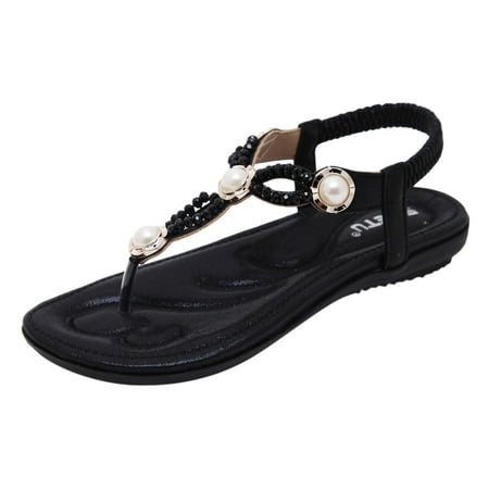 

Women s Elastic Jeweled Bohemian Flats with Elastic Ankle T-Strap Thong Strappy Platform Bohemia Rhinestone Flip Flops Roman Shoes