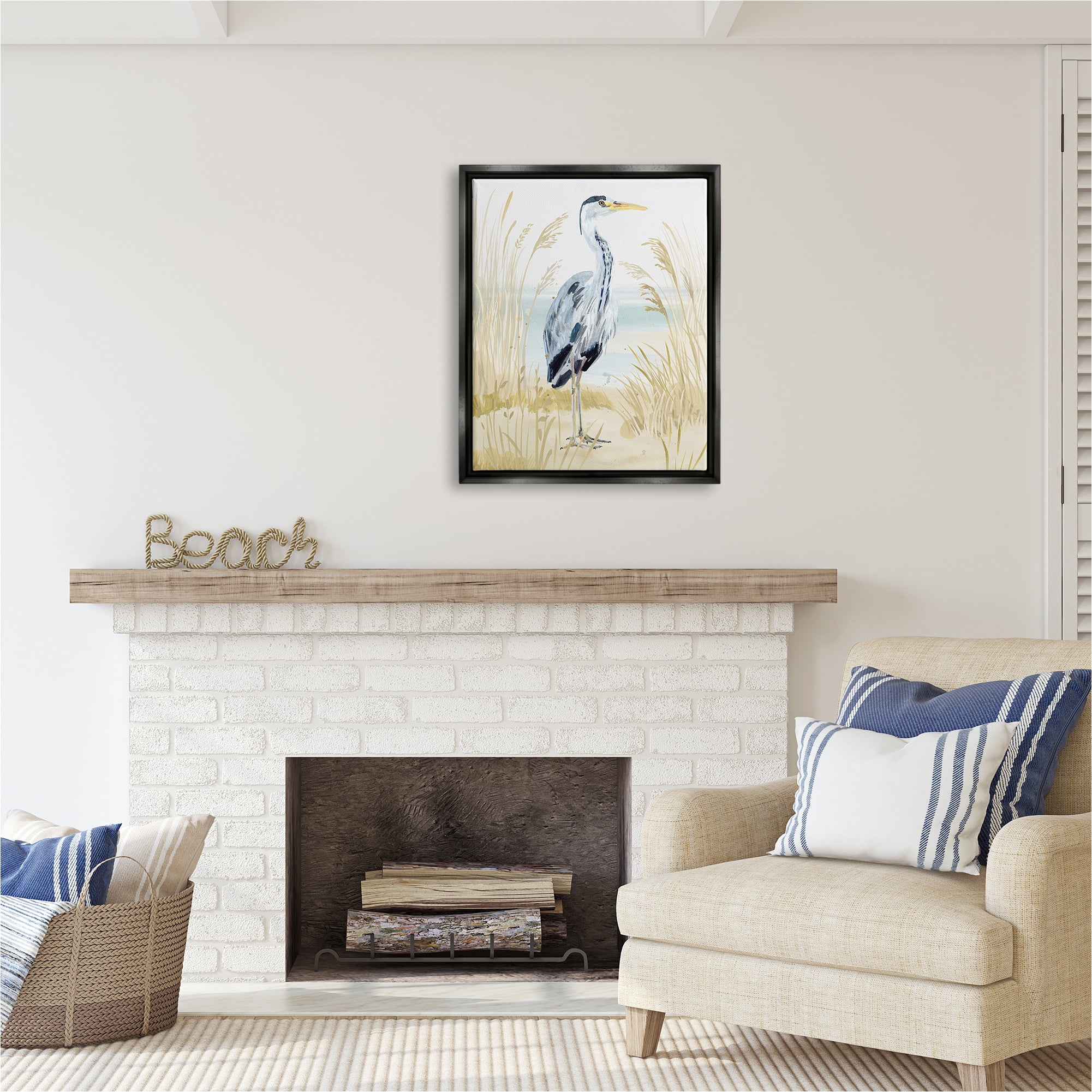 Stupell Industries Modern Heron on Beach Animals & Insects Painting Black Floater Framed Canvas Art Print Wall Art, 25 x 31