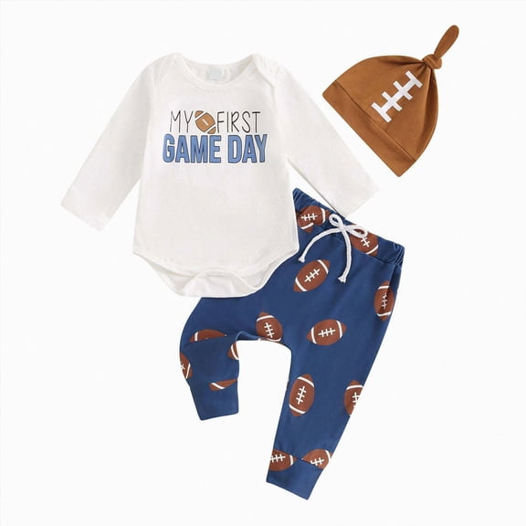 TOWED22 Newborn Baby Boy Football Outfit Fall Winter Game Day Long Sleeve Romper with Pants and Hat 3Pcs Set 0 3 6 9 12 18 24 Months,Blue,3-6 M