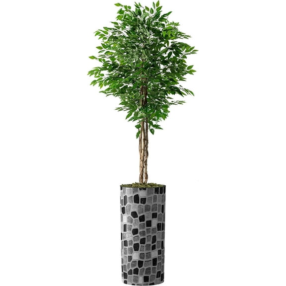 Artificial Tree in Modern Geometric Pattern Planter, Fake Ficus Silk Tree for Indoor and Outdoor Home Decoration - 75" Overall Tall (Plant Pot Plus Tree)