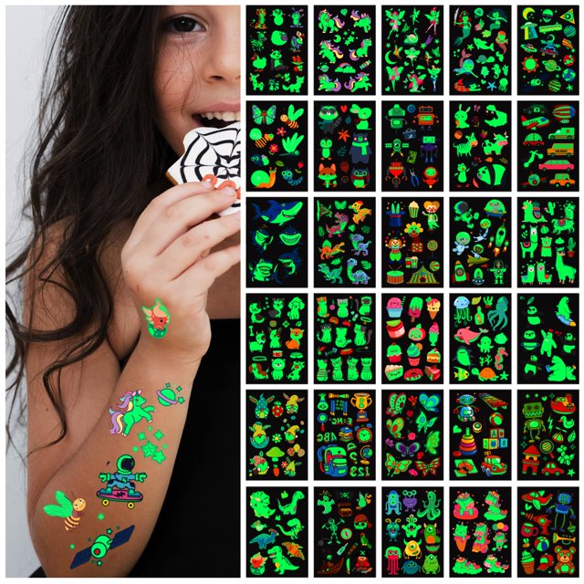 Tatuajes temporales AWINMAY que brillan en la oscuridad, 30 hojas para niños