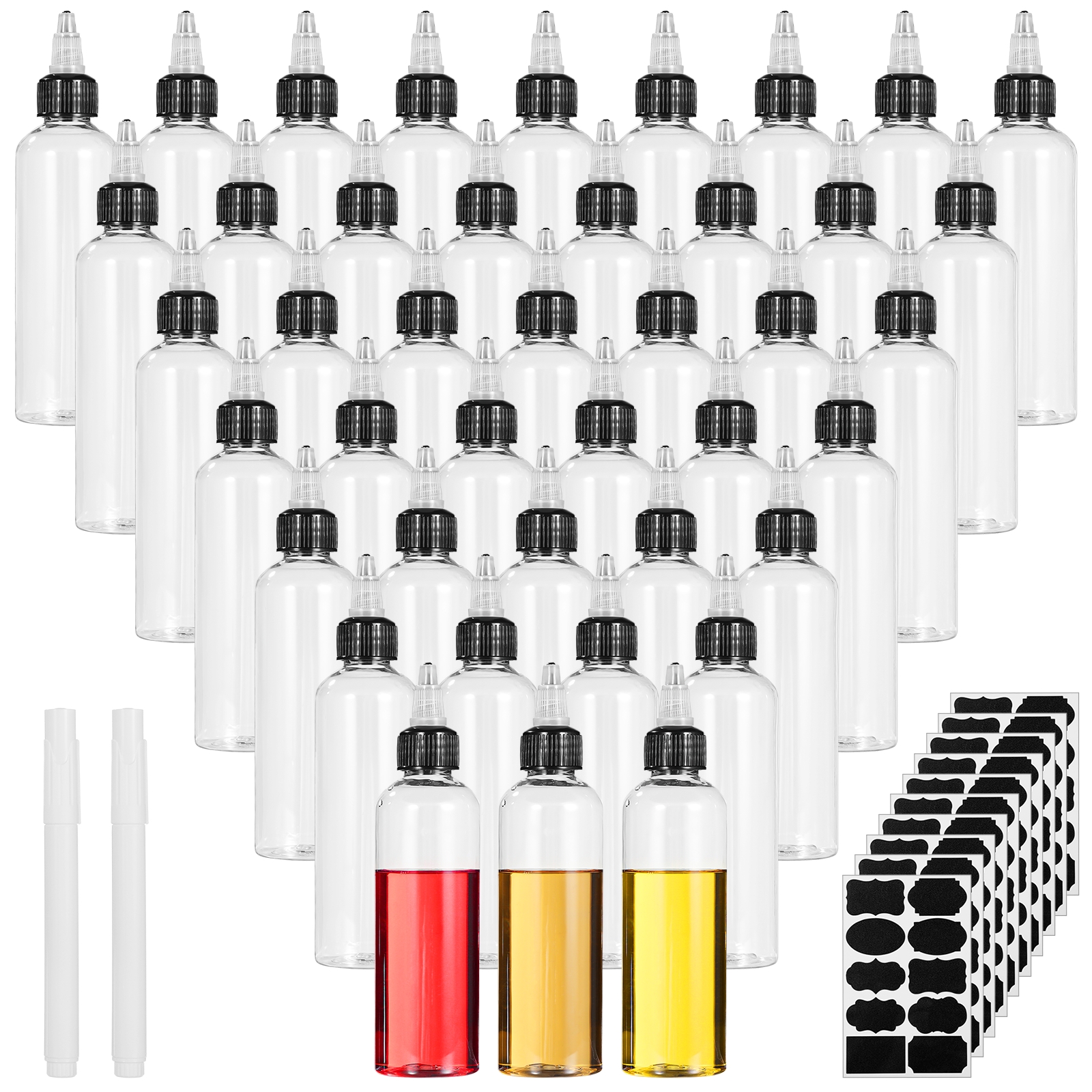 100 Pcs Plastic Squeeze Bottles, 4 oz Boston Dispensing Bottles, Transparent Condiment Bottles with Twist Top Caps, Squeeze Dropper Bottles with 10 Sheets Stickers and 2 Pens