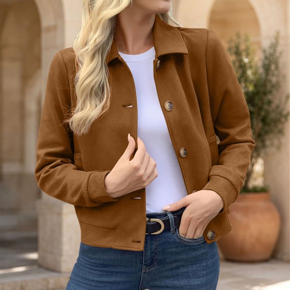 AVRNLIQ Womens Khaki Suede Crop Jacket Button Down Lapel Collar Long Sleeve Casual Lightweight Fall Outerwear,Size 2XL