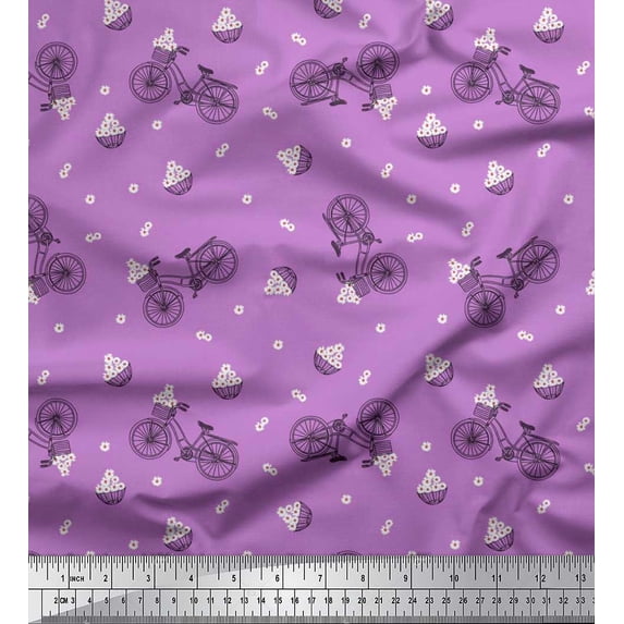 Soimoi Viscose Chiffon Fabric Flower Basket & Bicycle Transport Print Fabric by Yard 42 Inch Wide