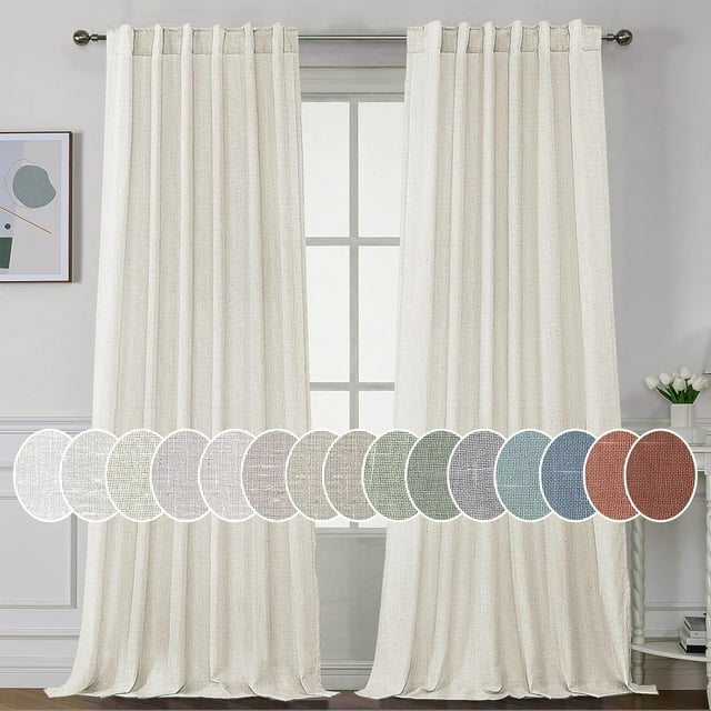 Natural Linen Curtains 84 inches Long for Living Room 2 Panels Back Tab Loop Pocket Linen Textured Light Filtering Neutral Country Rustic Farmhouse Boho Curtain for Bedroom, Ivory