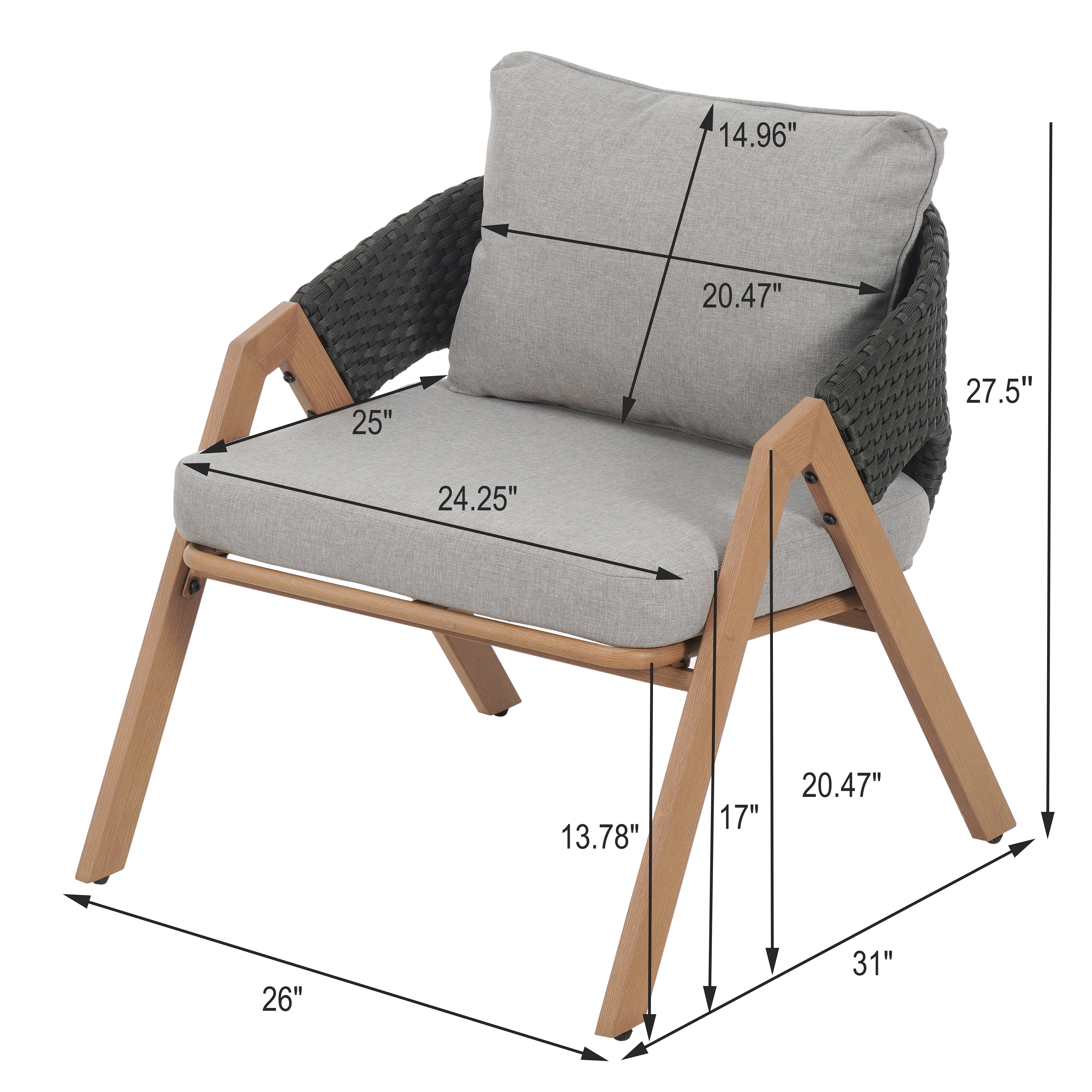 Outdoor Wicker Rattan Cushioned Patio Chairs Set of 2 for Deck Garden Porch, Light Teak