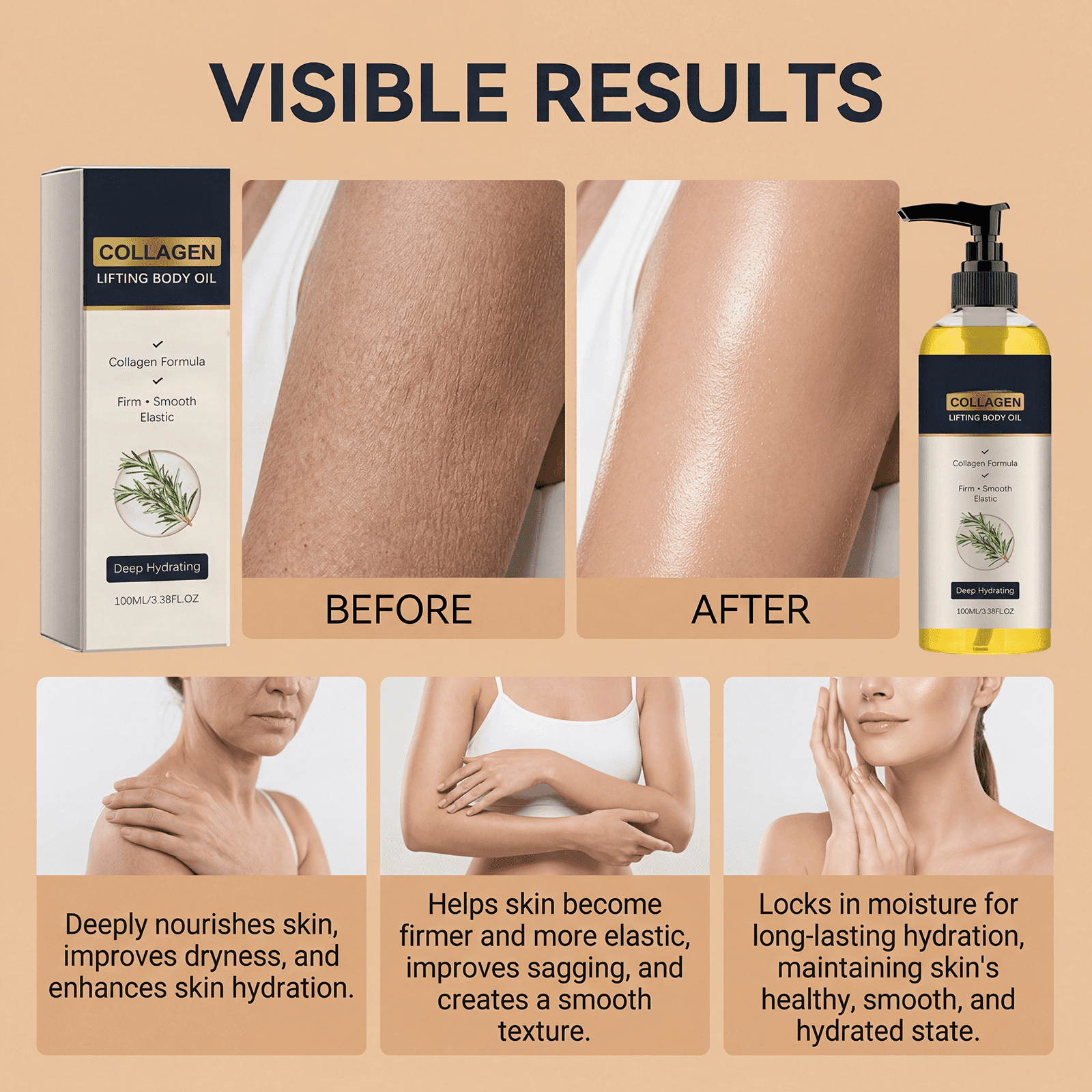 Alvantor Collagen Body Oil for Women, 3.38 fl. oz., Firming Moisturizer for Hydrated Skin