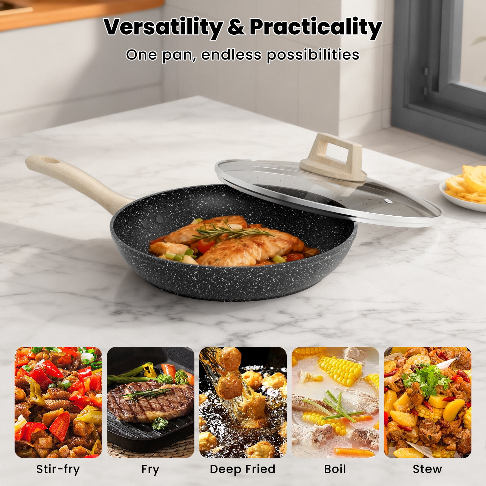 Nonstick Frying Pans Skillet with Lid, 10" Granite Fry Pans, Aluminum Omelet Egg Pan with Bakelite Handle, Compatible with All Stovetops (Gas, Electric & Induction)