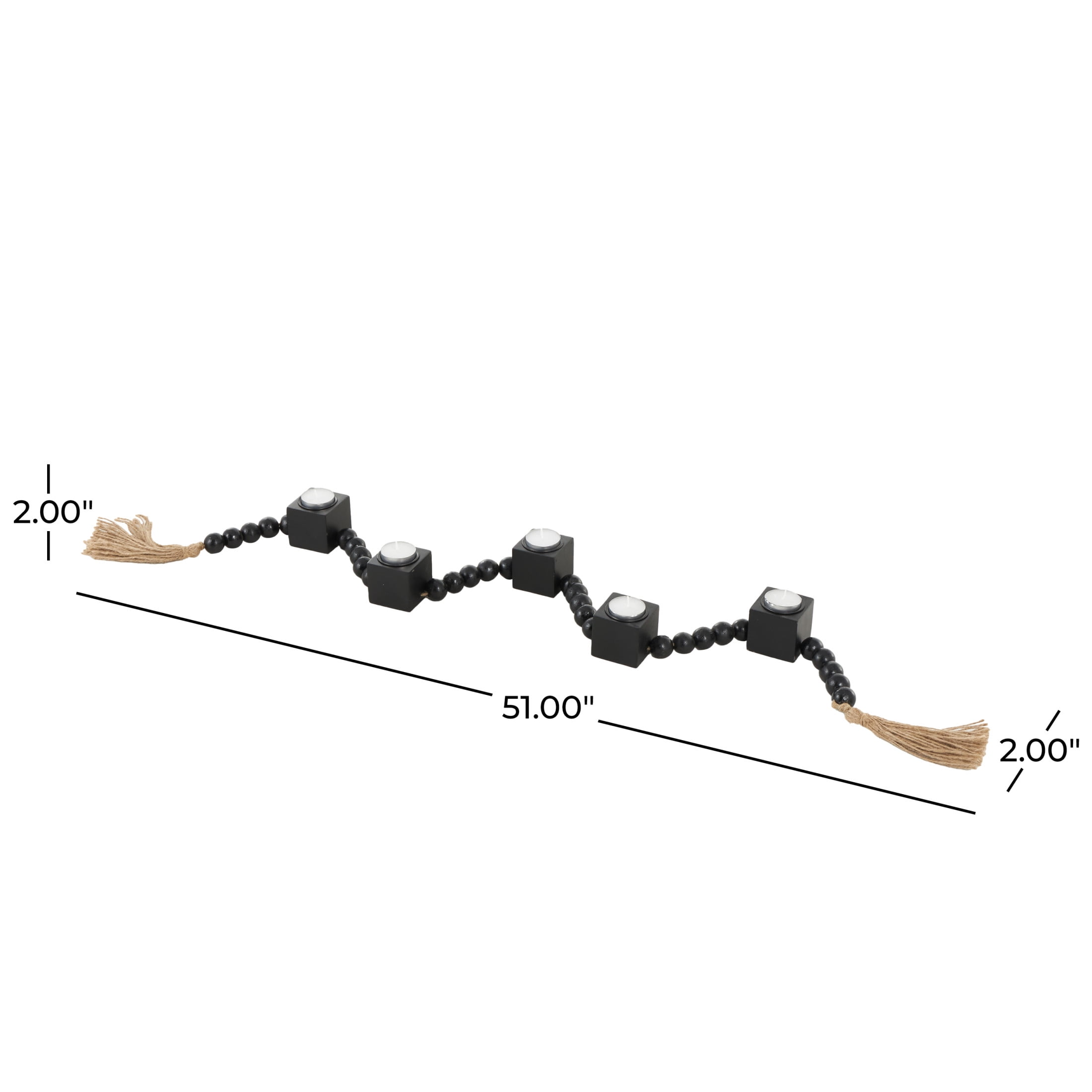 DecMode 5 Candle Black Wood Square Garland Candle Holder with Brown Tassel