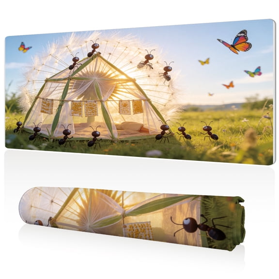 LIVEKEY Mouse Pad 80x40x0.3cm Extra Large Fantasy Ants and Dandelion Tent Design Full Desk Coverage Non Slip Durable Easy Clean Stitched Edges for Gaming and Office